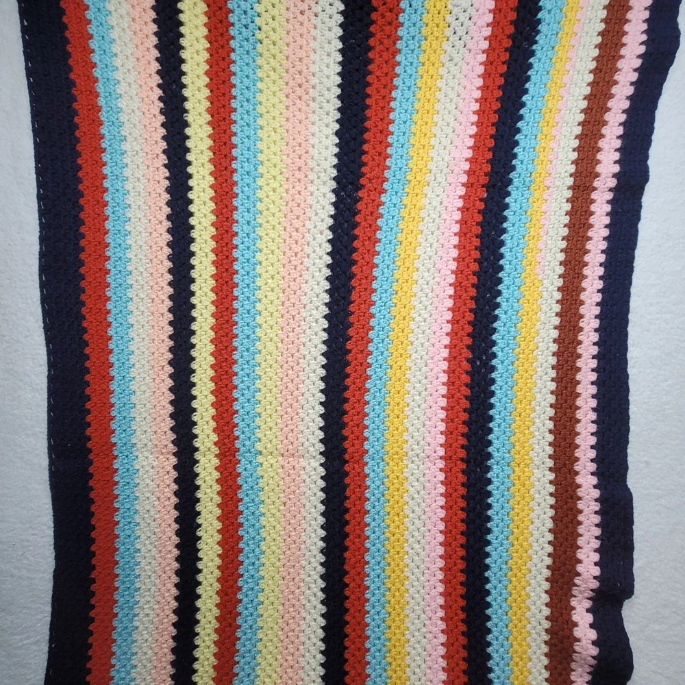 Handmade Crochet Striped Afghan Throw  Retro Rainbow Colors Blanket 38